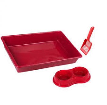 KIT BANDEJA BRANCA C/ COMEDOURO VERMELHO