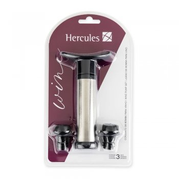 CONJUNTO DE BOMBA PARA VINHO COM 2 TAMPAS 230MM HERCULES UB90-03 PRETO E PRATA