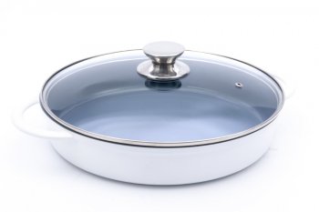 CACAROLA BAIXA REDONDA BRANCA C/ TAMPA VIDRO C/ ANTIADERENTE DIAM.30CMX6CM VOL.3,5L HERCULES PA9000-30C