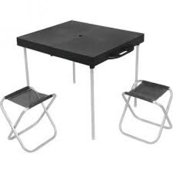 MESA PORTATIL DOBRAVEL PRETA PARA CAMPING COM 2 BANQUETAS - BEL (P55)