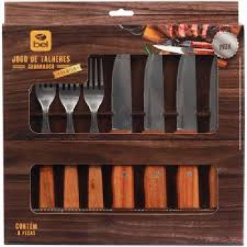 JOGO DE TALHERES INOX CABO DE MADEIRA CHURRASCO PREMIUM 8PCS - BEL (P55)