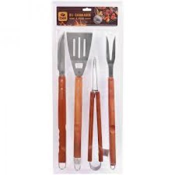 KIT PARA CHURRASCO INOX CABO DE MADEIRA GRANDE 4 PÇS - BEL (P55)